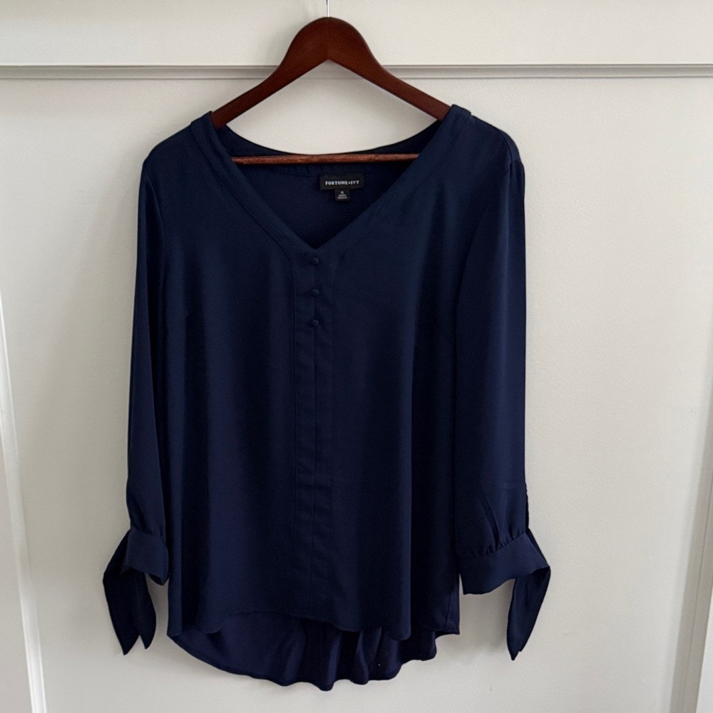 Fortune + Ivy Women’s Navy Top • 3/4 Bow Tie Sleeves • Size XL • GUC